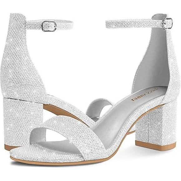 Pizz Annu Womens Size 7.5 Silver Glitter 2" Block Heel Ankle Strap Sandal Shoes - Picture 2 of 7